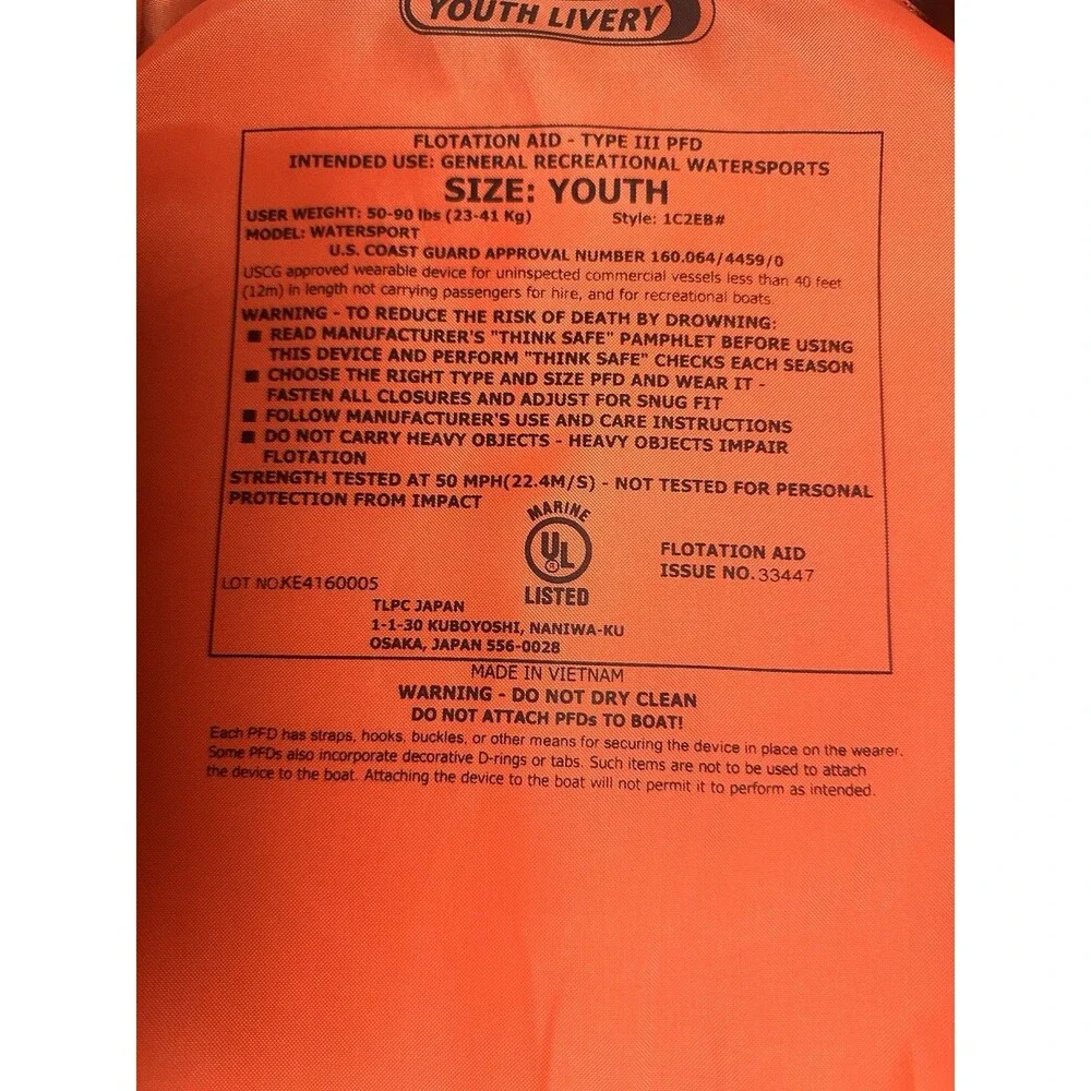 MTI Youth Life Jacket Type III PFD 50–90 lbs Watersport Orange Yellow